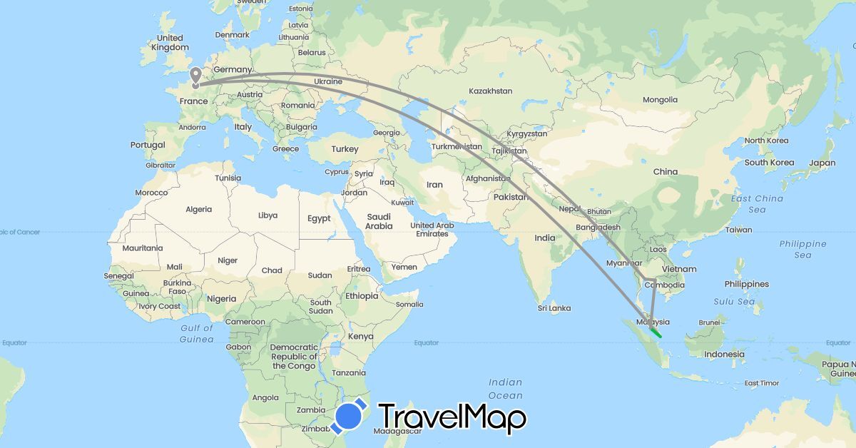 TravelMap itinerary: driving, bus, plane in France, Malaysia, Singapore, Thailand (Asia, Europe)